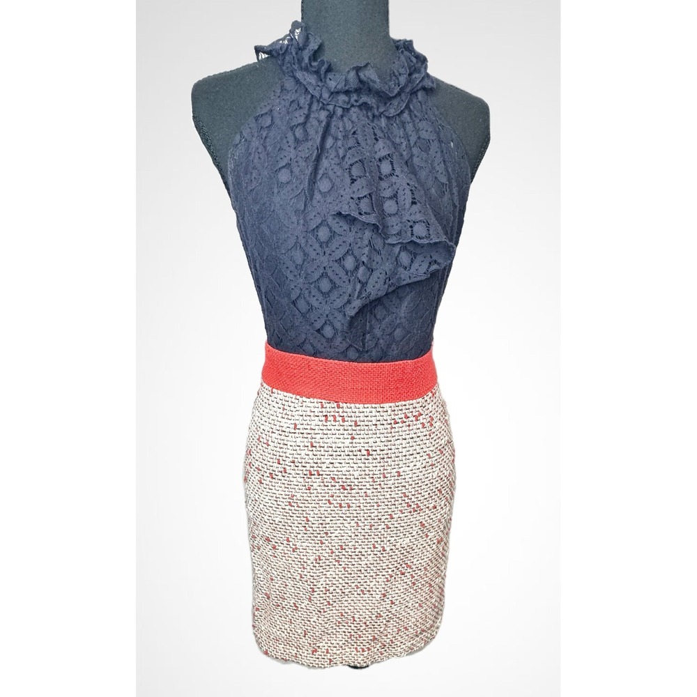 Milly of New York Navy Lace Tweed Mixed Media Dress S 2 Orange Waist Ruffle Neck